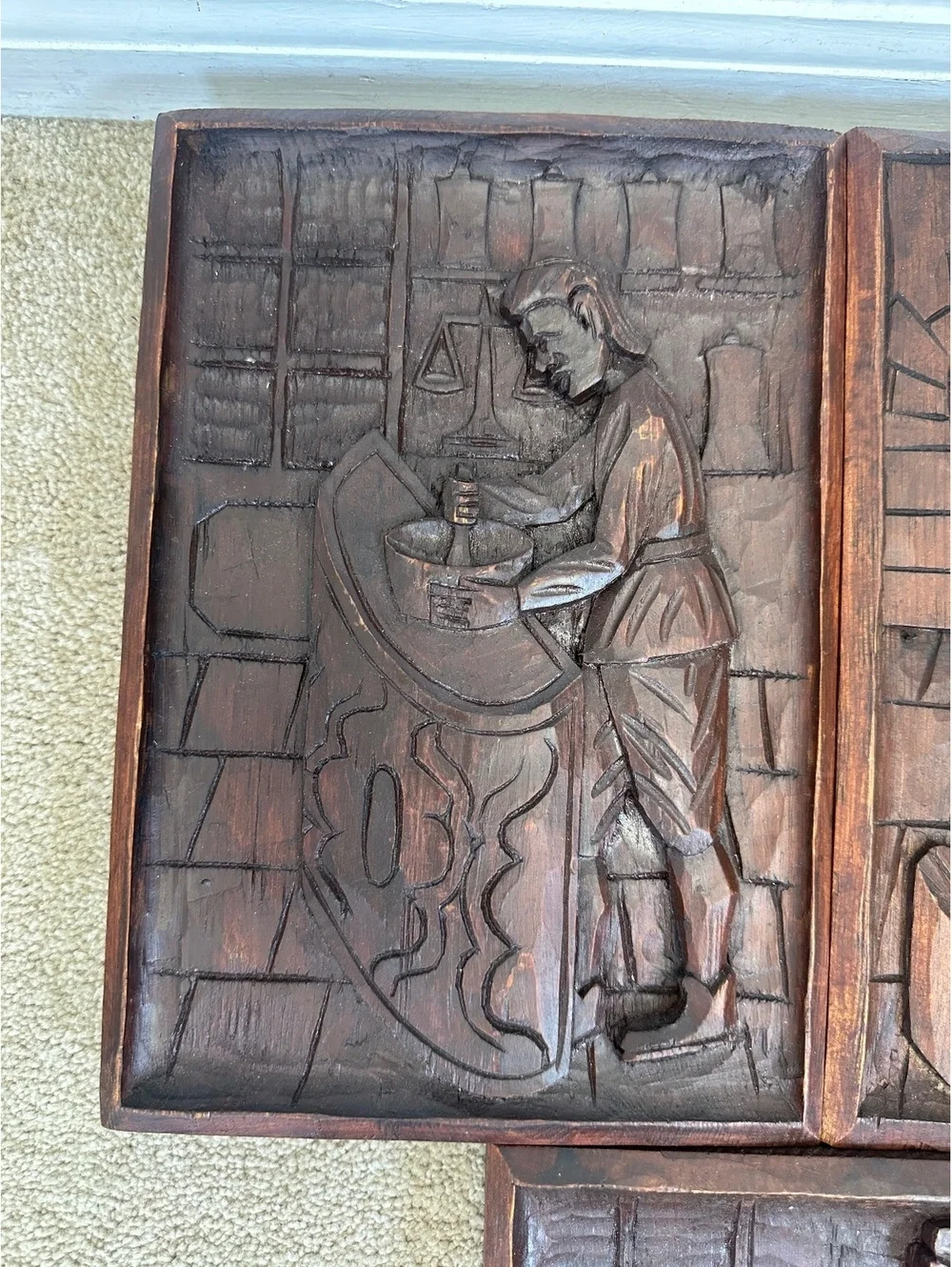 VTG Spanish Hand Carved Wood Medieval Trades Bas Relief Wall Plaques Set of 5